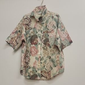 Vintage 80s Shabby Floral Button Front And Tails Shirt Large